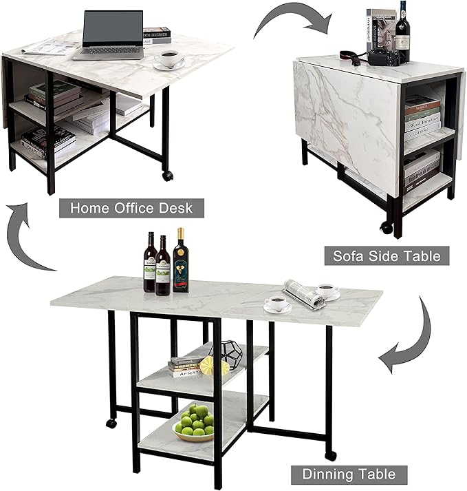 AT-VALY Folding Dining Table with 2 Storage Open Shelf,Drop Leaf Extension Dining Table,Top Folding 15.7" to 55.1" Kitchen Table (Black)