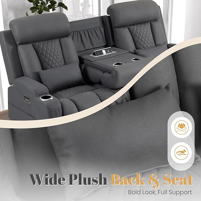 2-Piece Power Reclining Sofa Set, 3-Seater Sofa with Drop-Down Console & 2-Seater Loveseat, Zero Wall Hugger Electric Recliner Couch with Adjustable Headrest, AC Outlets (Gray, 3 Seat)