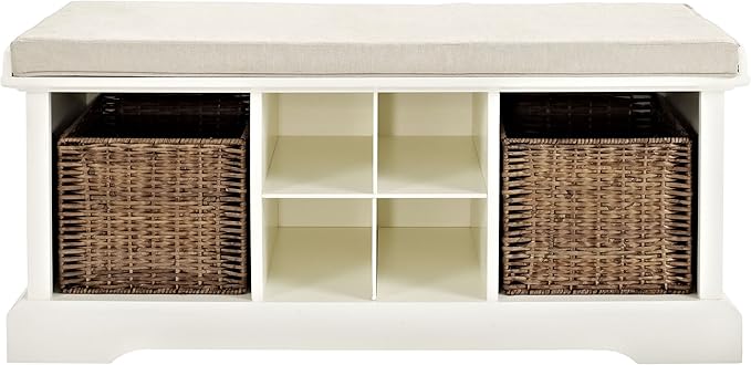Crosley Furniture Brennan Entryway Storage Bench with Bins and a Shoe Rack Organizer, White