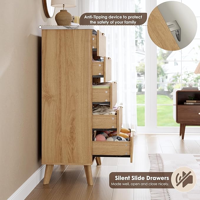 Garvee 5 Drawers Dresser for Bedroom, 47.2" Tall Dressers with Curved Profile Design, Fluted Wood Drawers with Gold Handle, Modern Chest of Dressers with Thickened Design for Living Room, Natural