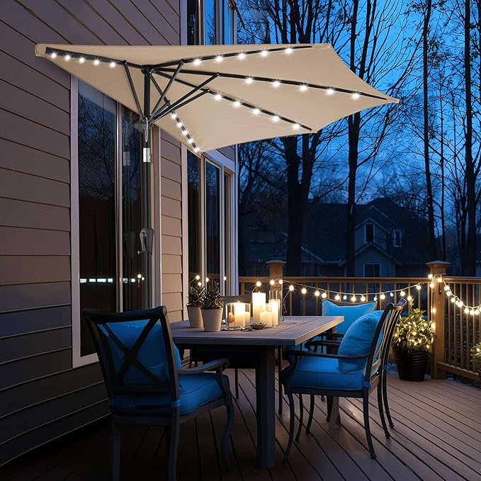 9FT Solar Half Umbrellas Outdoor - LED Half Patio Umbrella with 25 Lights, UV Protection Waterprool, Half Round Umbrella for Wall Balcony, Pool, Porch, Garden, Deck, Backyard, Beige