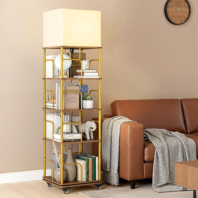4 Tier Rotating Bookshelf with LED Light 360° Swivel Bookcase with Wheels Space-Saving Tall Corner Shelf Square Floor Standing Shelf Metal and Wood Bookshelves for Bedroom Living Room Office