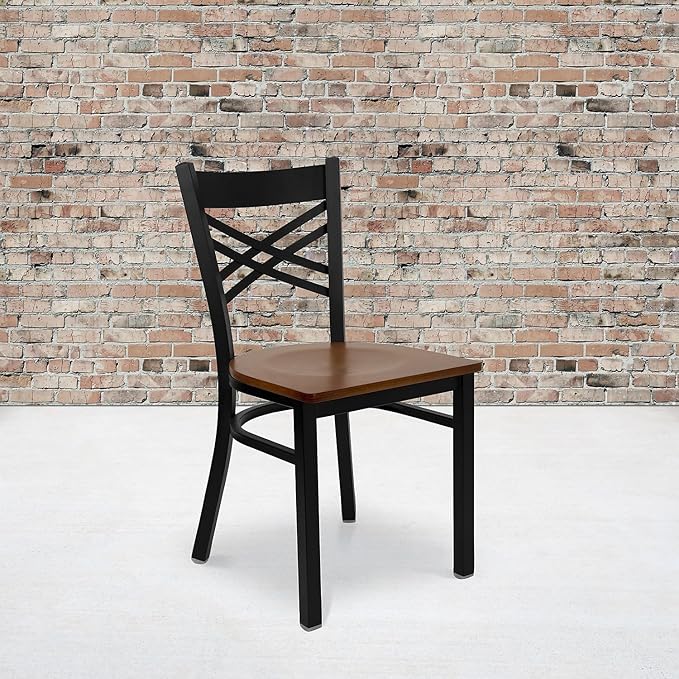 Flash Furniture 2 Pk. HERCULES Series Black ''X'' Back Metal Restaurant Chair - Cherry Wood Seat