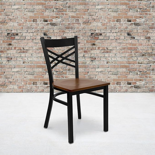 Flash Furniture 2 Pk. HERCULES Series Black ''X'' Back Metal Restaurant Chair - Cherry Wood Seat