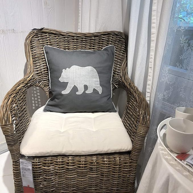 Bear Pillow Covers Decorative Cotton Linen Embroidered Cushions Covers 18x18 Inches (Grey)