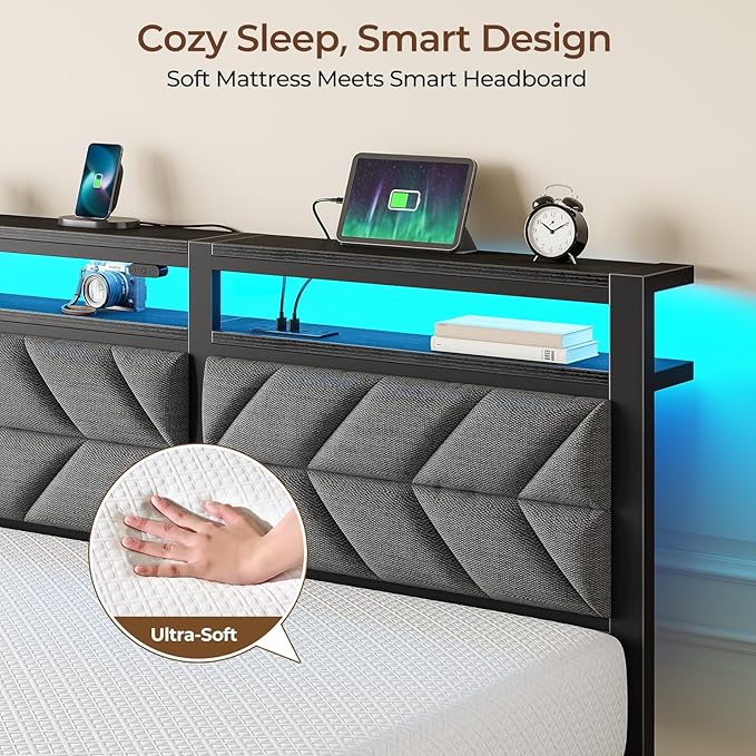 Seventable Bed Frame Queen Size with Charging Station, LED Bed with Upholstered Storage Headboard - 8 Inch Gel Memory Foam Mattress, Fiberglass Free, Breathable & Pressure Relief