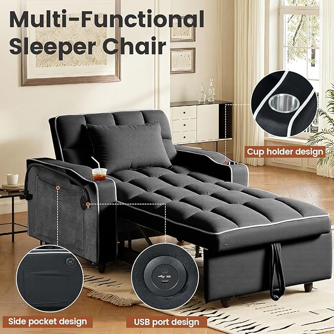 Sleeper Chair, Pull Out Chair Sleeper with Bracket and Cup Holder, Single Convertible Chairs Bed Sleepers for Adults, 3 in 1 Sofa Bed Chairs for Small Spaces, Living Room, Black