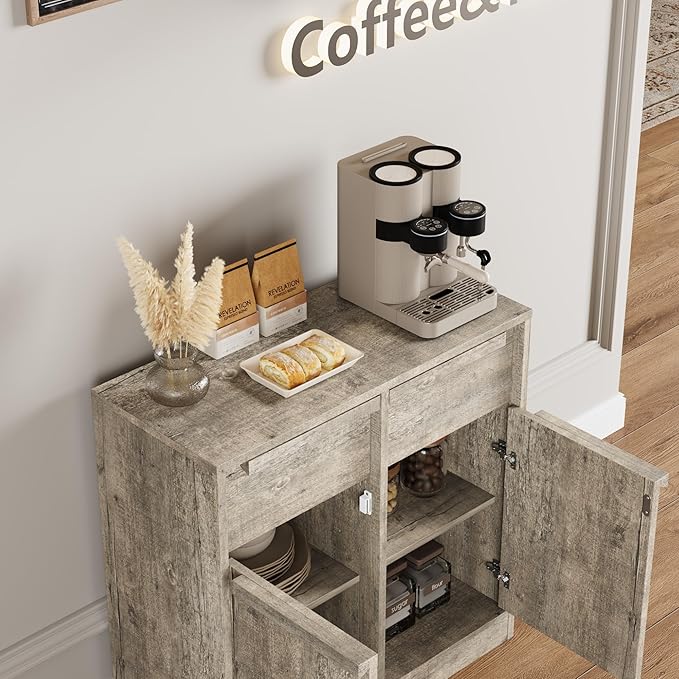 GarveeHome Sideboard Buffet Cabinet with 2 Drawers, 31.5 in Large Coffee Cabinet with Storage, Modern Storage Buffet Table for Kitchen Dining Room, Living Room (Grey, 2 Doors & 2 Drawers)