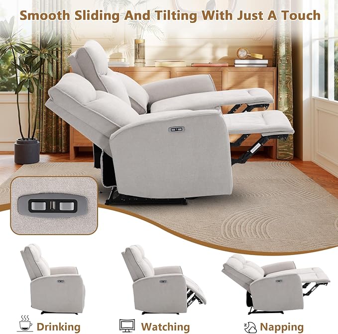 ANJ 3Pieces Recliner Sofa Furniture Set,Double 1 Seat Swivel Recliner Chair with USB Port, a 3 Seater Reclining Sofa for Living Room, Modern Durable Soft Fabric Home Furniture Set, Light Grey