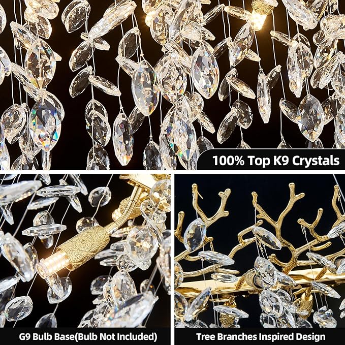 Modern Rectangular Chandelier, 47.3" Gold Crystal Tree Branch Chandelier 14 Lights Luxury Raindrop Light for Dining Room, Kitchen Island, Living Room