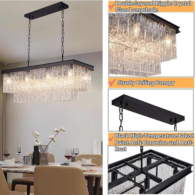 Kitchen Island Chandelier Black Rectangular, 35.4 Inch 11-Light E12 Modern Dining Room Chandelier, Water Ripple Glass Adjustable Height Hanging Ceiling Light Fixture
