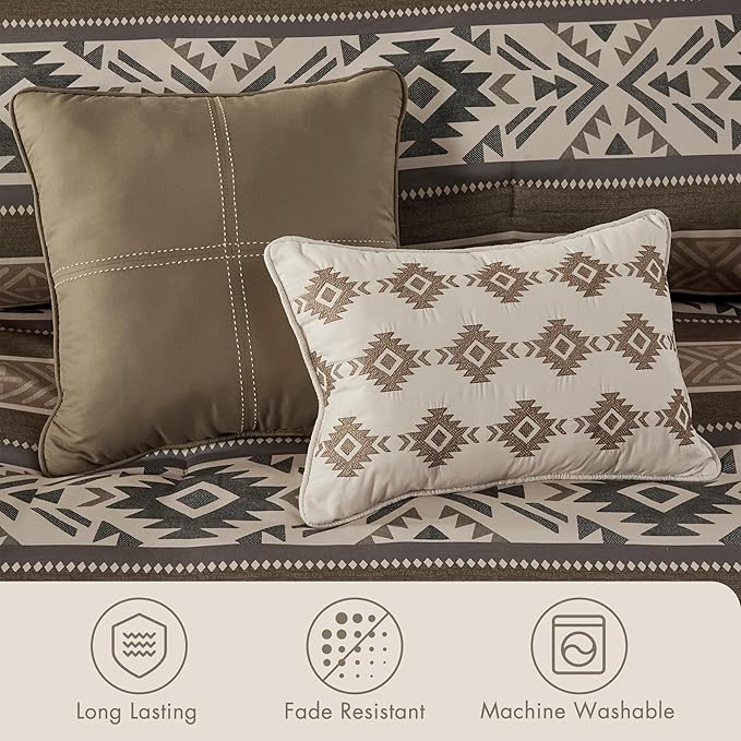 Madison Park King Comforter Set, Stripes Herringbone Southwestern Boho Comforters King Size, All Season Lightweight & Fluffy Microfiber Bed Set, 2 Décor Pillows, Mariposa, King/Cal King Brown 5 Piece