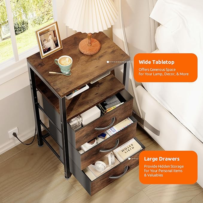 NightStand Bedside Charging Table Bedroom - Night Stand with Charger Station, Modern Nightstand with Open Shelf & 3 Fabric Drawers, Bed Side Table USB-C Port for Dorm Living Room
