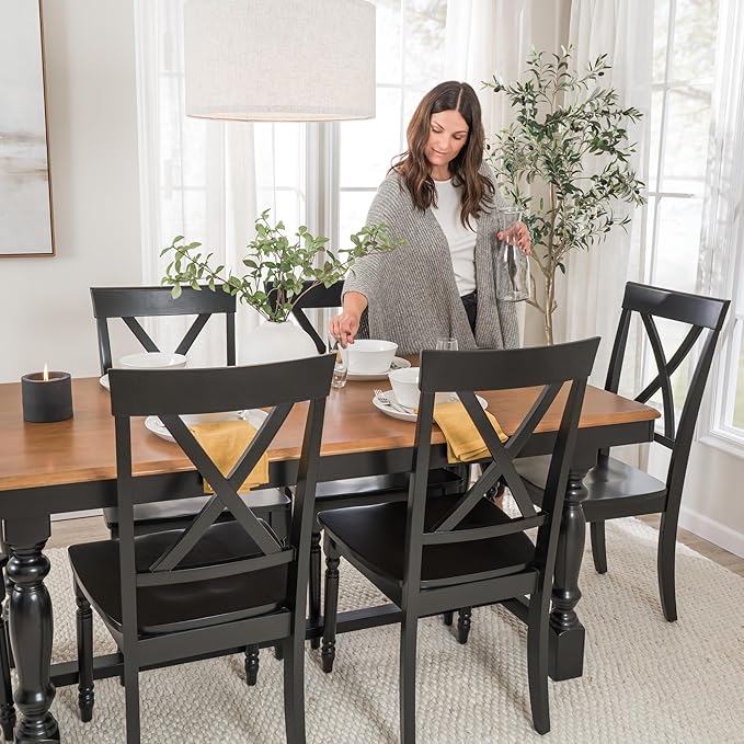 Bush Home Rectangular Dining Table Set for 6, with 67 inch Squire Trestle, Cross Back Dining Chairs, Farmhouse Decor, Sterling Collection, Light Brown and White