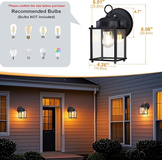 GRUENLICH Dusk to Dawn Outdoor Wall Lantern, Exterior Wall Sconce Light Fixture, Wall Mount, Outside Porch Lighting with Clear Glass for House, Patio, Matte Black, 2 Pack