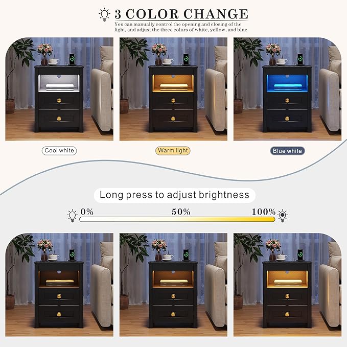 Night Stand Set 2 with Gun Drawer, Farmhouse Bedside Table with Charging Station, Gun Nightstand with LED Light & Human Sensor, Smart End Table for Bedroom, Black