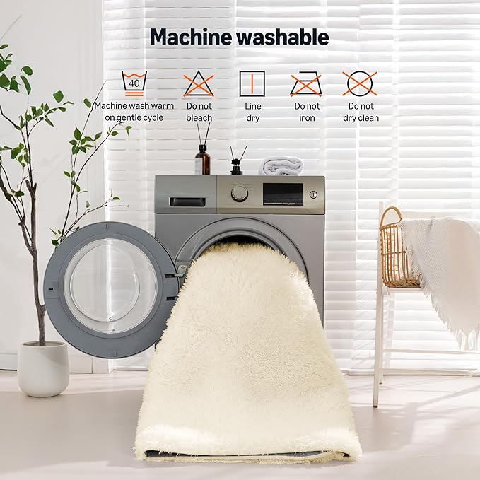 Amazon Basics Fluffy Washable Area Rug, Shaggy Carpet for Living Room, Bedroom, 5' W × 7' L, Beige