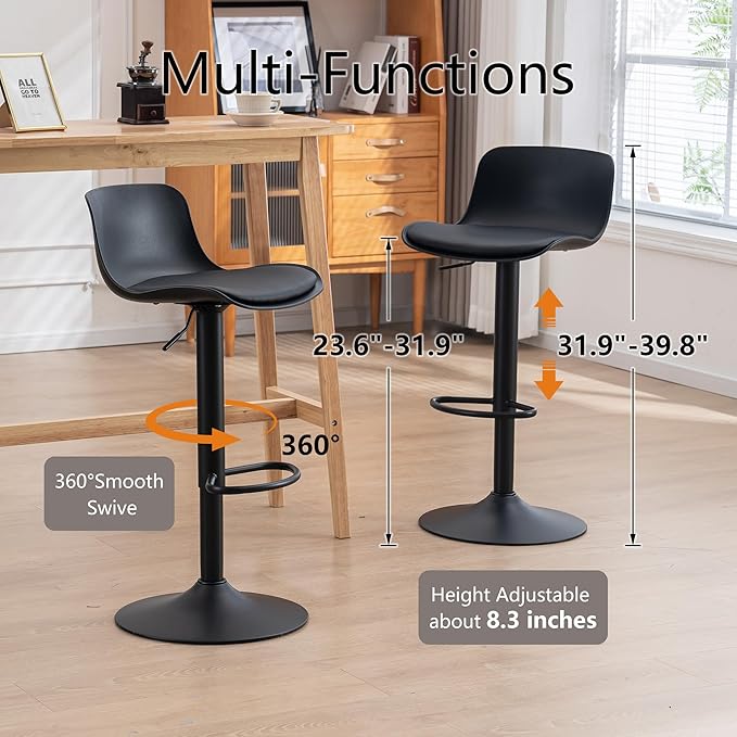 YOUTASTE All Black Bar Stools Set of 2, Adjustable Swivel Counter Height Barstools with Back, Plastic&PU Leather Cushioned Bar Chair Seats, Metal Footrest, Black Round Base for Kitchen Island