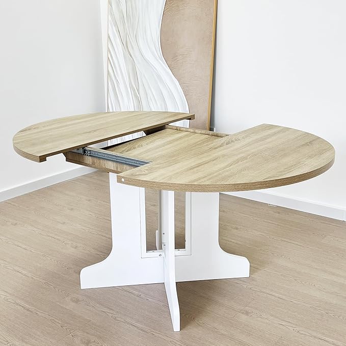 Ball & Cast Extendable Round Dining Table for 4-6,43.3-59" Transformer Kitchen Table W/Removable Leaf Trestle & X-Shaped Base,Farmhouse Oval Extendable Dining Room Table for Small Space,White Oak