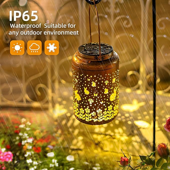 Rabbit Solar Lanterns Outdoor Waterproof Hanging Lights Garden Decor Birthday Gifts for Women Mom Grandma Metal Solar Lantern Decorative Light for Yard,Porch,Patio,Pathway,Backyard