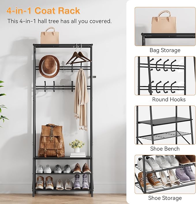 IDEALHOUSE Coat Rack Shoe Bench with 10 Hooks, Hall Trees Entryway Bench with Storage, Multifunctional Hallway Organizer, Wood Look Accent Furniture
