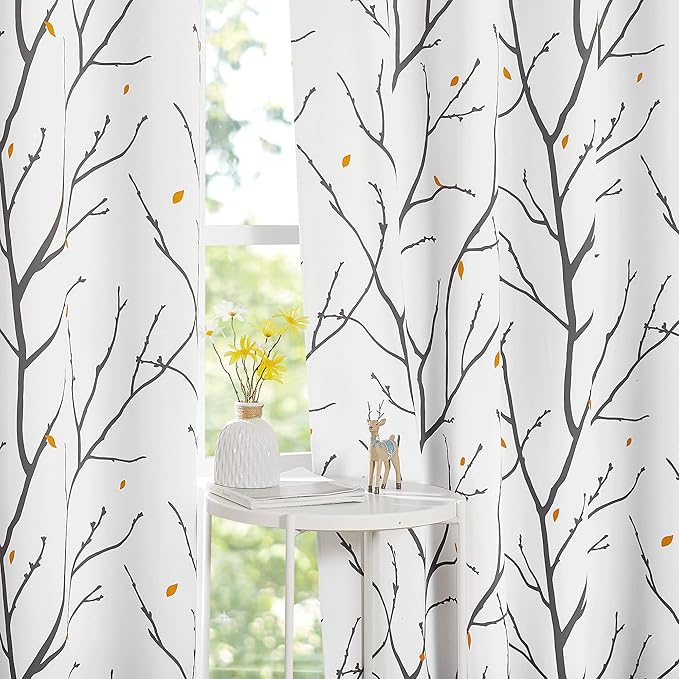 NICETOWN Room Darkening Fall Curtains for Bedroom 84 inch Length, Grommet Branch Thermal Window Drapes with Rain of Petals for Living Room, Grey, W52 x L84, 2 PCs