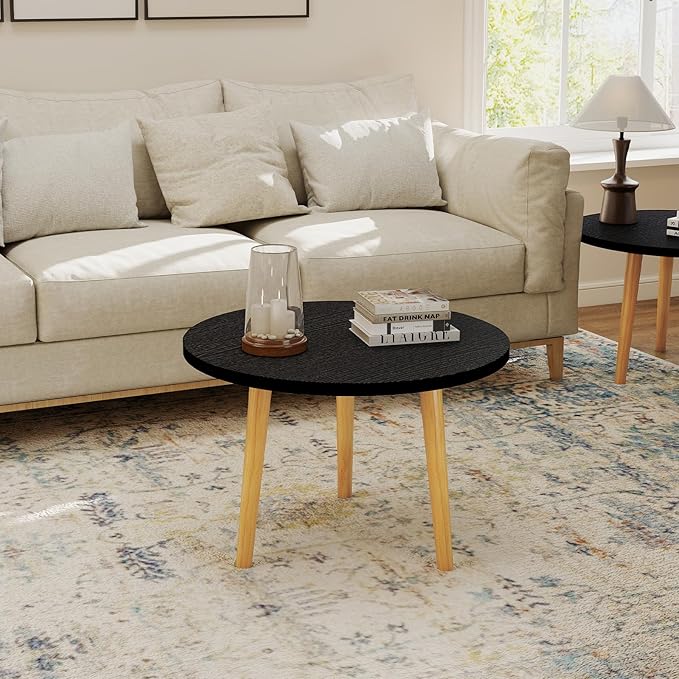 Round Coffee Table Low Table with 3 Solid Wood Sturdy Legs, Floor Table Desk for Sitting on The Floor, Storage and Living Room Furniture (Black)