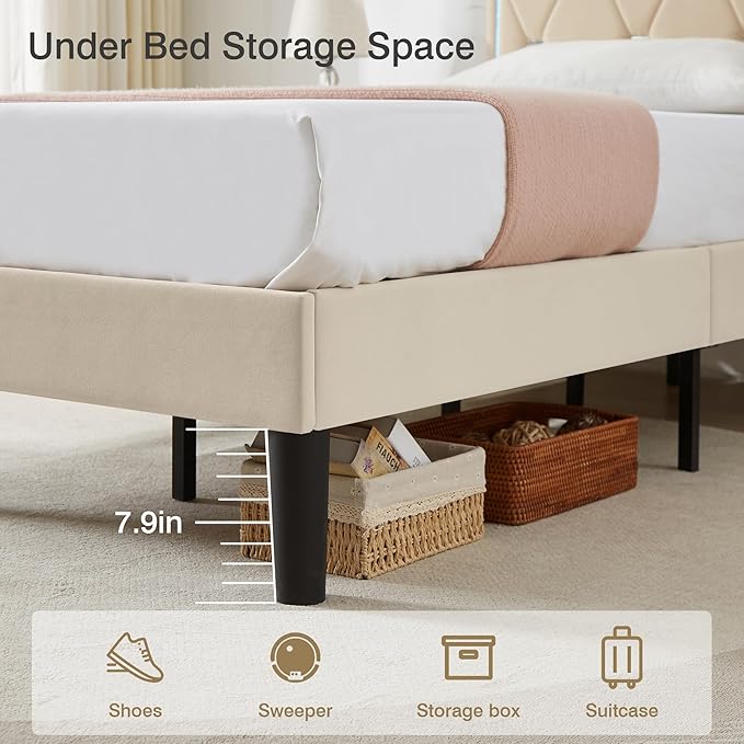 VECELO Upholstered Queen Bed Frame with Headboard Adjustable, Velvet Platform Bed with LED Lights, Charging Station, Mattress Foundation with Wooden Slats, Noise Free, No Box Spring Needed, Beige