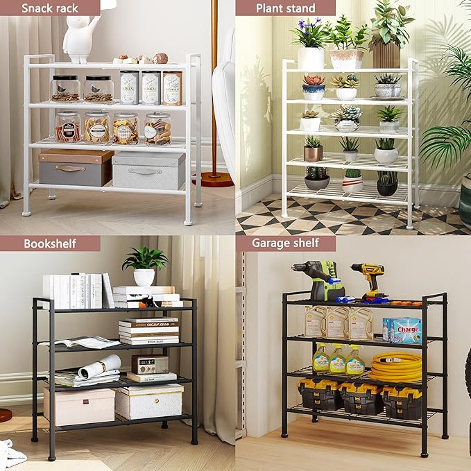 3-Tier Adjustable Shoe Rack, 26.5-Inch Wide Metal Storage Organizer for Closet Entryway, Heavy-Duty Stand for Shoes, Books, or Plants - Easy Assembly (Black)
