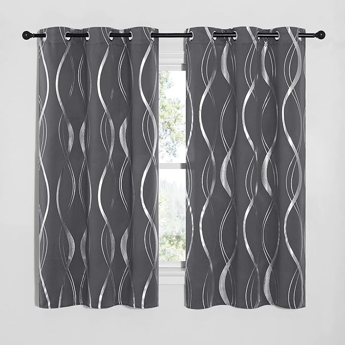 NICETOWN Small Living Room Blackout Curtains 63 inch length, 42 x 63 Grey Dorm Window Treatment Thermal Insulated Grommet Room Darkening Wave Line Foil Print Design Drapes for Kitchen, Loft (Set of 2)