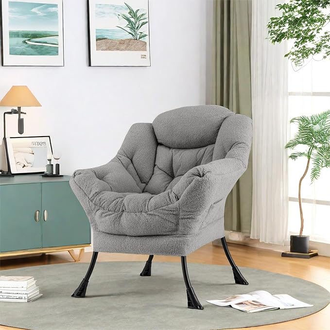 GORELAX Modern Lazy Chair,Upholstered Lounge Accent Chair, Single Leisure Sofa Chair with Armrests & Side Pocket, Comfy Reading Chair for Bedroom, Living Room, Dorm Room (Plush Grey)