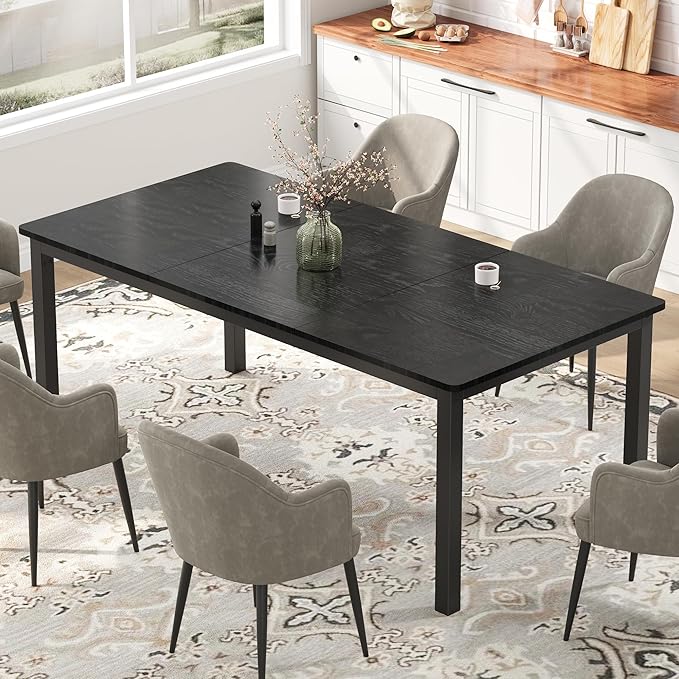 Garvee 70.9 in Dining Table for 6, Farmhouse Wooden Kitchen Tables for Family, Rectangular Industrial Style Dining Room Table with Sturdy Metal Frame, Long Desk for Restaurant, Kitchen, Office,Black