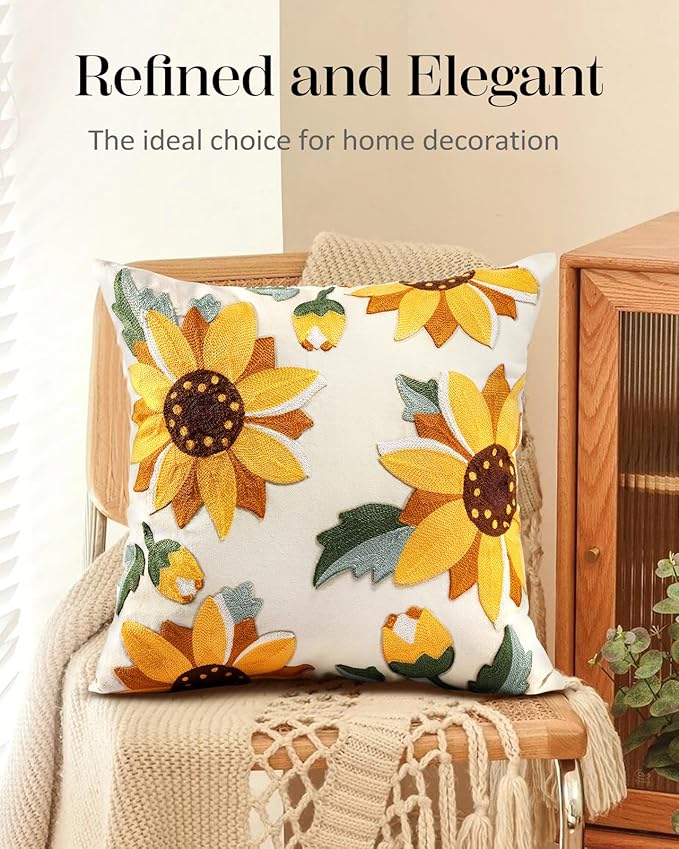 Embroidered Throw Pillow Cover - 18x18 Decorative Pillow Cover with Zipper Aesthetic Cute Design Boho Spring Summer Throw Pillowcase for Living Room Couch Sofa Bed, Sunflower