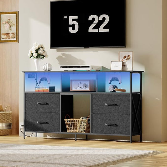 Dresser TV Stand, Entertainment Center with Power Outlets and LED Light, Media Console Table with Drawers and Open Shelves, Chest of Drawers for 60'' TV, for Living Room, Black TVBK140E01