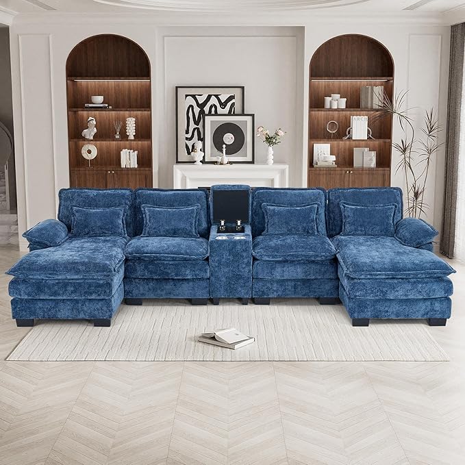 133" Oversized U Shaped Cloud Couch Modular Sectional Couches for Living Room Comfy Chenille Deep Seat Sofa Set with Double Chaise Lounge, Storage Central Console, Cup Holders, USB Port, Blue