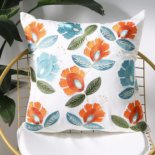 Set of 2 Embroidered Decorative Throw Pillow Covers Couch Square Pillowcases Cushion for Bedroom Sofa Farmhouse Decor 18x18 Inch (Flower)