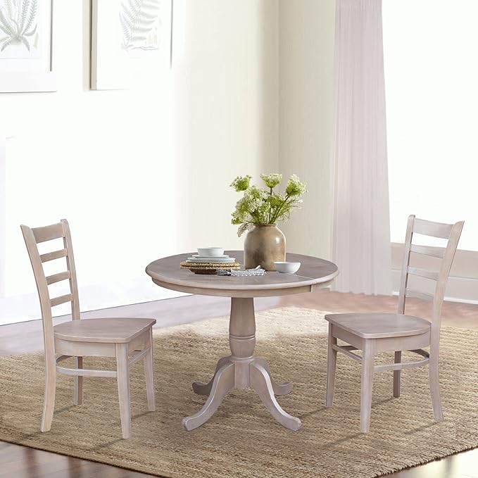 IC INTERNATIONAL CONCEPTS 36" Round Extension Solid Wood Table with 2 Emily Chairs in Washed Gray Taupe