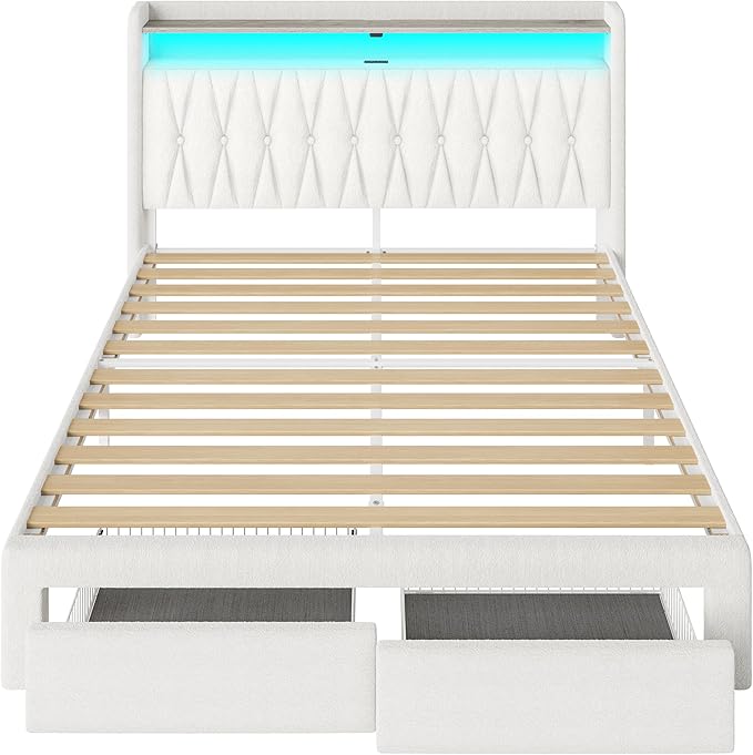 Rolanstar Queen Bed Frame with Drawers, Storage Headboard with Charging Station and LED Lights, Upholstered Bed with Heavy Duty Wood Slats, No Box Spring Needed, Noise Free, Easy Assembly, Beige