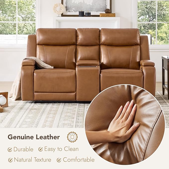 Watson & Whitely Genuine Leather Power Recliner Sofa and Loveseat Set, Zero Gravity Reclining Couch with Storage Console, Power Headrest & Wireless Charging, Cup Holders for Living Room, Saddle Brown