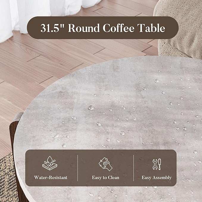 COSIEST Modern Round Coffee Table & Side Table Set, Faux Marble Wood Top, Walnut & Cream White Legs, Minimalist Living Room Center & Accent Table(2 PCS)