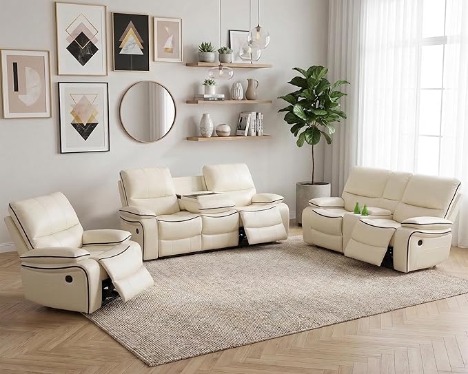 Power Recliner Sofa Set for Living Room, Breathing Leather Reclining Sofa with LED Lighting, Cup Holders, Storage Console&USB Port for Home Theater Seating (Off White)