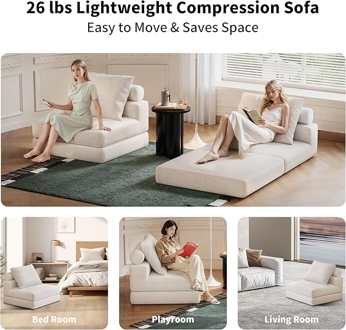Folding Sofa Bed, 3-in-1 Convertible Sleeper Chair Bed with Pillows, Foldable Floor Couch with High-Density Foam, Futon Small Boneless Couch for Living Room Bedroom Lounge, Single, White