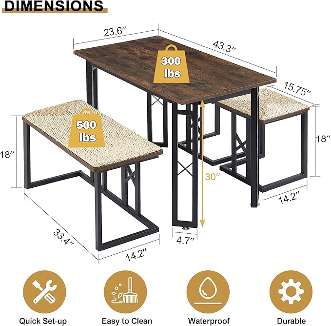 VECELO 43.3" Kitchen & Dining Table Set for 4, Rustic Farmhouse Style with 3 Benches and Wicker Cushions, Compact Metal Frame with Adjustable Foot Pads, Brown