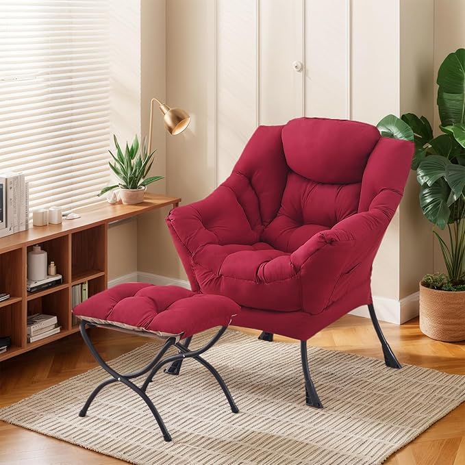 Lazy Chair with Ottoman, Large Burgundy Accent Chair with Ottoman, Comfy Reading Armchair, Leisure Sofa Chair for Living Room, Bedroom, Dorm Room, Office