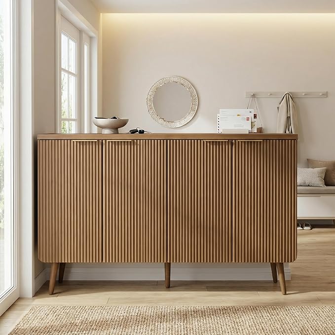 FONTOI 47.2" Wood Fluted Buffet Cabinet with 4 Doors & Storage - Multifunctional Kitchen Sideboard Credenza for Living Room & Entryway, Walnut