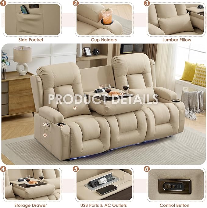 TUNYI Wall Hugger Loveseat Recliner Sofa with Console, Power Reclining Loveseat RV Couch with Massage & Heat/USB/Outlet/Storage/LED Light (Beige, 3 Seat)