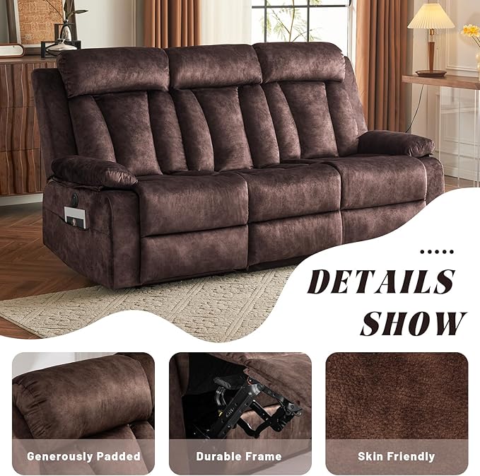 Electric Power Reclining Sofa w/Flipped Middle Backrest & Cup Holders, Power Recliner Couch w/Massage & Heat, Spacious 3-Seater Couch for Living Room Comfort (Brown)