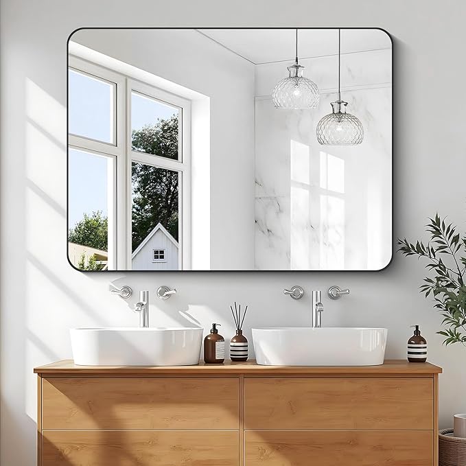 KOCUUY Black Mirror, 36x48 Inch Rectangle Bathroom Mirror with HD Tempered Glass, Anti-Rust Frame, Vanity Mirror with Rounded Corner for Bathroom, Living Room, Entryway, Hang Horizontal/Vertical