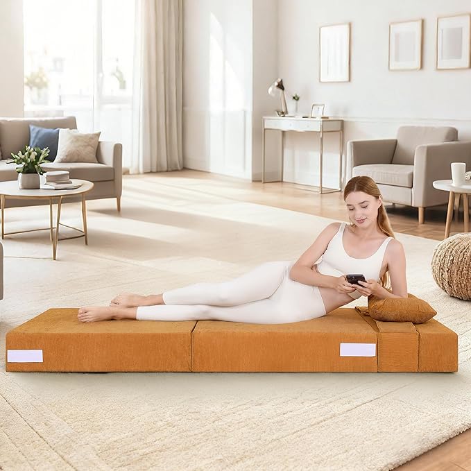 Fvkind Folding Sofa Bed, 4 in 1 Convertible Fold Out Single Chair Bed with Pillow, Memory Foam Futon Chair, Foldable Futon Couch, Foldable Sofa Mattress for Living Room, Bedroom, Guest Room, Yellow