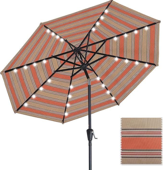 ABCCANOPY OLEFIN® 5-Year No Fading Patio Umbrella with Solar Lights (Coffee&Orange Stripe)